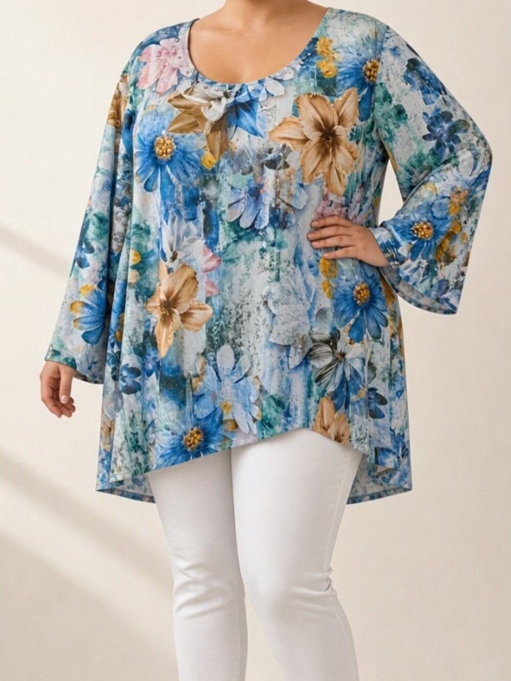 Alfred Dunner Blue Watercolor Floral Tunic Blouse Top Plus 3X Boho Cottagecore